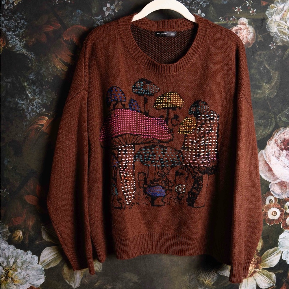 Shein intarsia mushroom fungi brown sweater, hand embellished, size XL